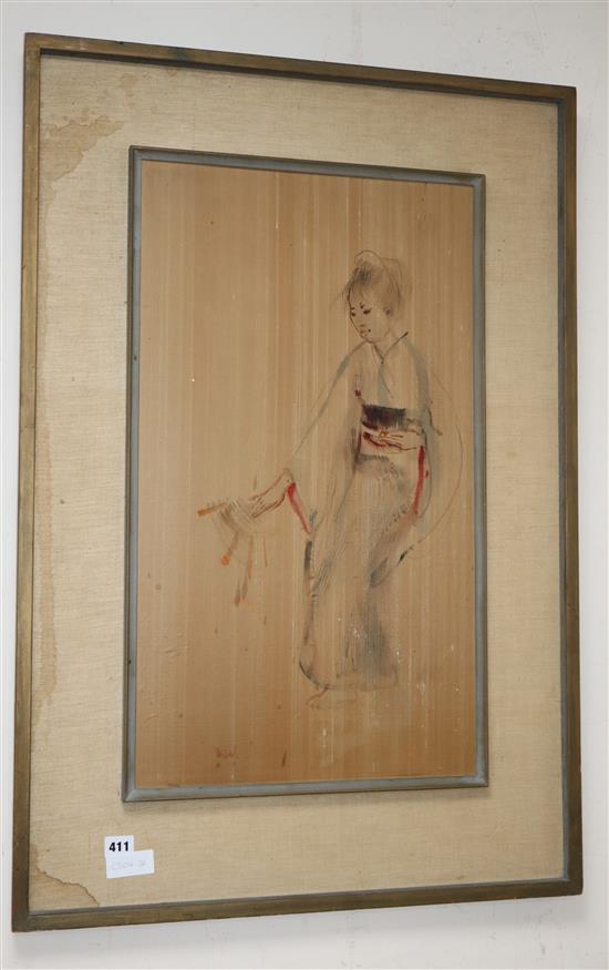 Edna Hibel, gouache on silk, Study of a woman, 68 x 39cm